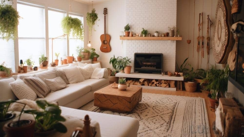 A cozy living room with natural wooden furniture and indoor plants.