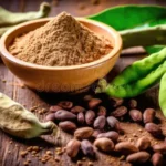 Carob powder in a bowl on a rustic wooden table highlighting its natural appeal as a weight loss food