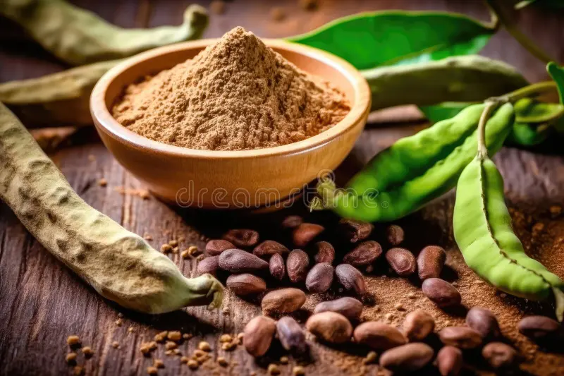 Carob powder in a bowl on a rustic wooden table, highlighting its natural appeal as a weight loss food