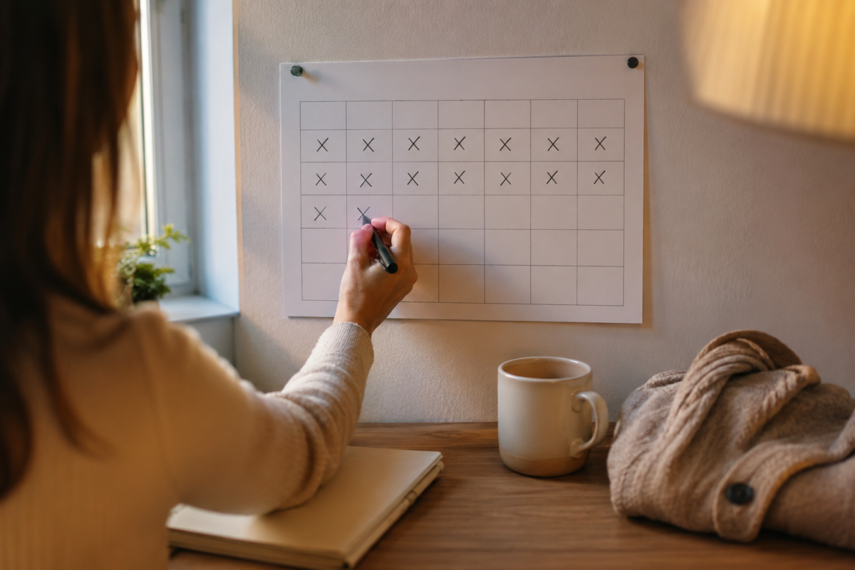 Marking a paper wall calendar to track a daily eight week meditation habit