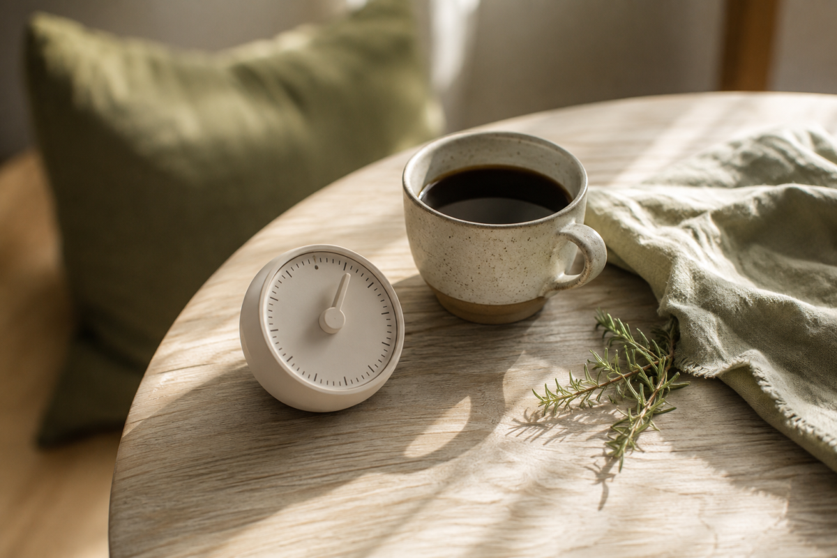 Timer and coffee on a table set up for a short daily meditation session