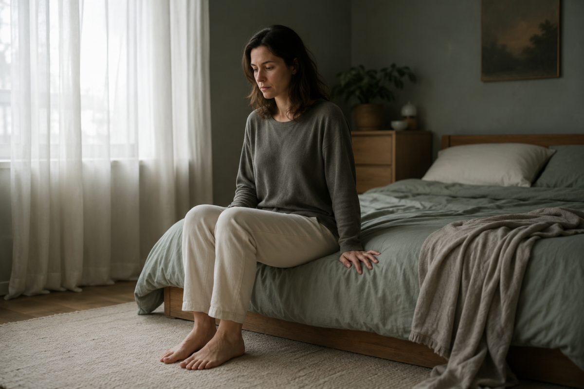Woman meditating with eyes softly open and feet grounded to reduce discomfort