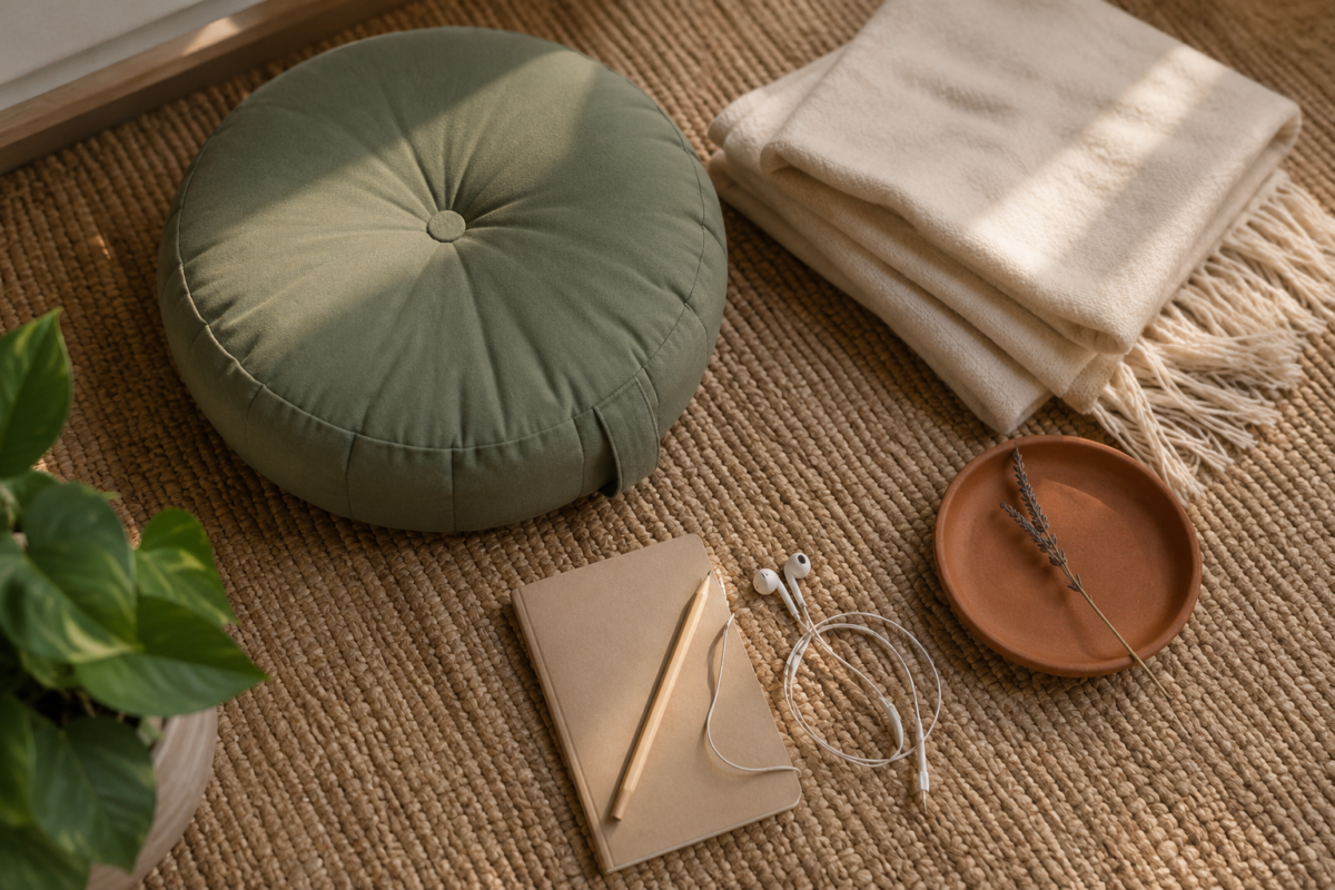 Overhead view of a meditation corner with cushion blanket notebook and earphones
