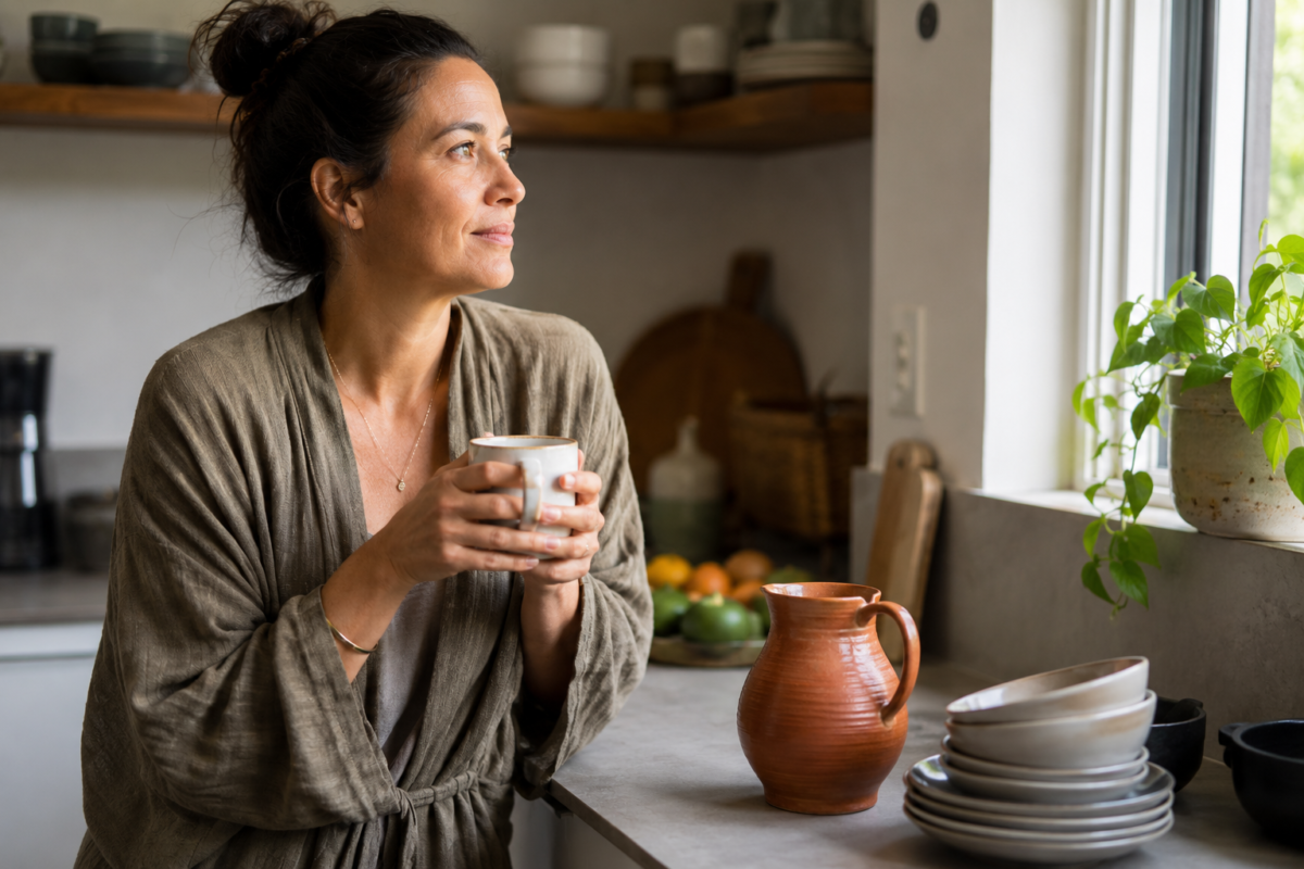 Woman pausing calmly at a kitchen window showing everyday signs of lower anxiety