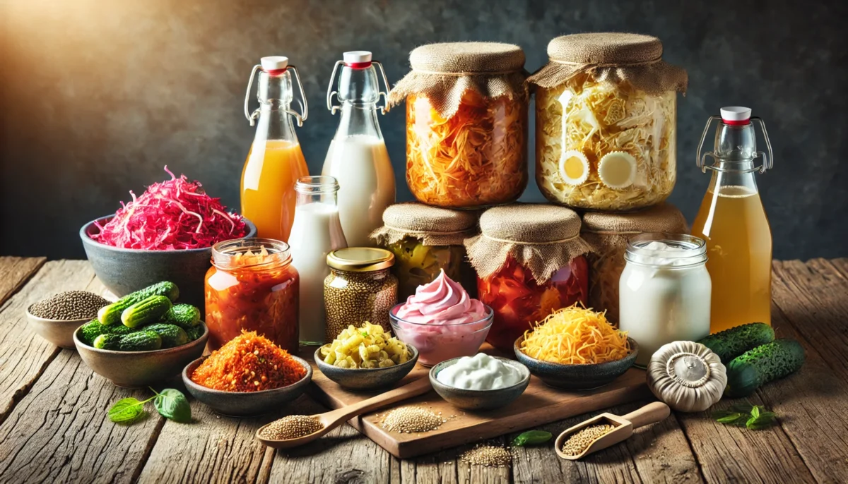 restoring gut health naturally  A variety of fermented foods including kimchi sauerkraut miso kefir yogurt and kombucha displayed on a rustic wooden table