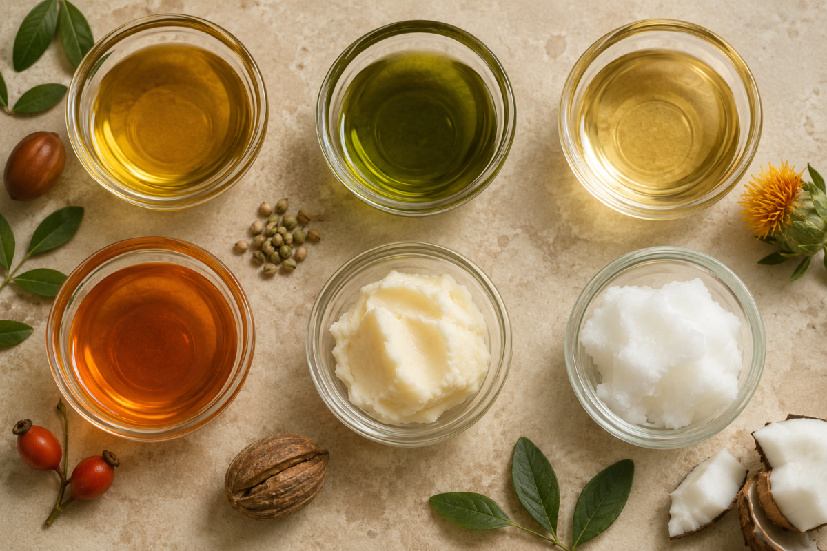 comedogenicnaturalfacialoilscomparison Natural Knows Six natural facial oils and butters in glass bowls compared side by side