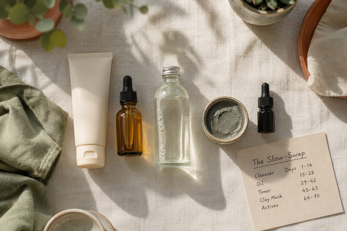 naturalskincareswaporderflatlay Natural Knows Five natural skincare products laid out in swap order for a ten week transition
