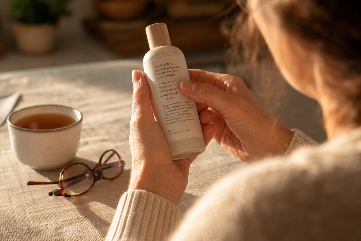 readingcosmeticingredientlabelchecks Natural Knows Hands holding a skincare bottle while checking the first five ingredients on the label