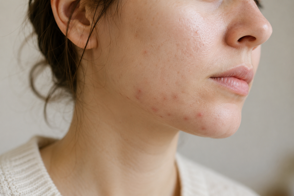 skinpurgingvsreactionjawlinetextur Natural Knows Realistic close up of chin and jawline skin texture during a natural skincare transition