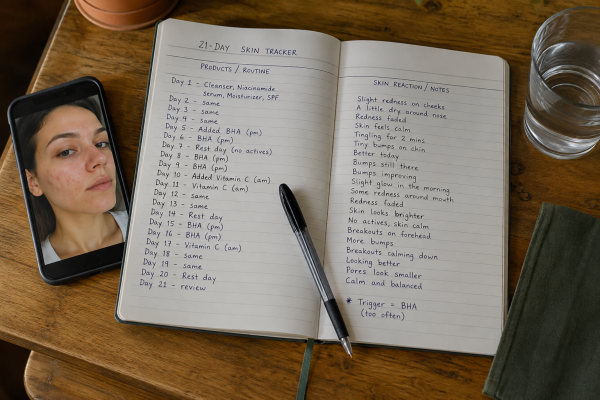 skincaretrackingnotebooktwocolumnlog Natural Knows Open notebook with a two column skincare tracking log and a pen on a wooden desk