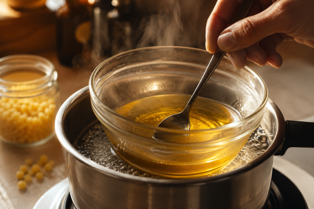 stirringmeltedbeeswaxoil Natural Knows How to Make Solid Perfume with Essential Oils The Ratio That Actually Sets
