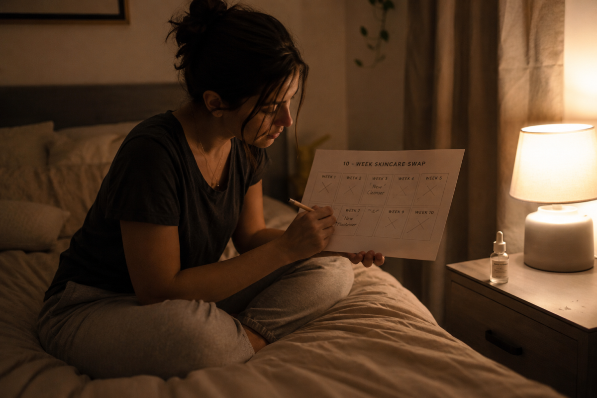 tenweekskincareswapcalendarplanning Natural Knows Woman marking a skincare swap calendar in warm evening lamplight